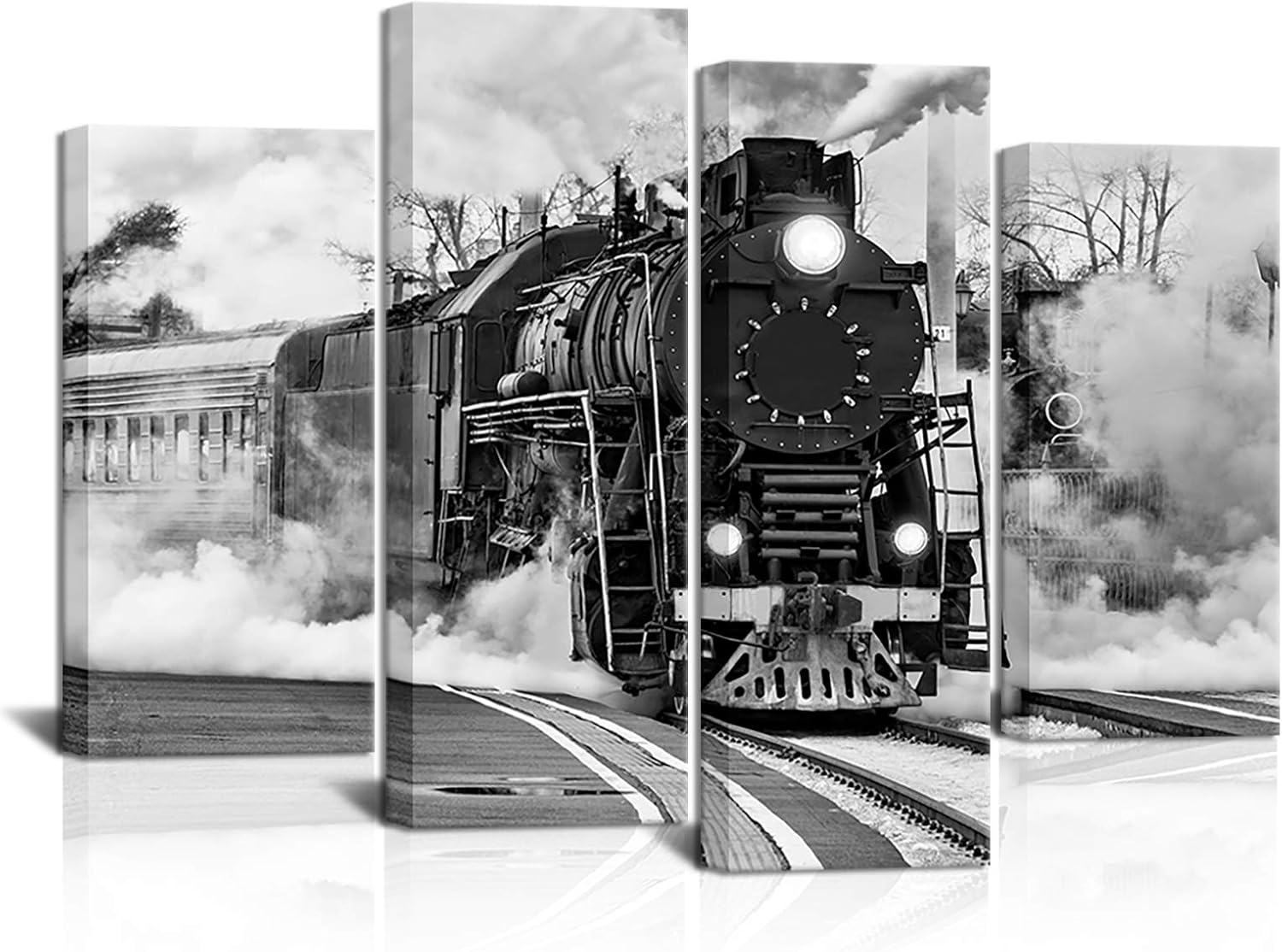 KLVOS 4 Pieces Canvas Prints Wall Art Black and White Train with Gray Smoke Steam Trains in Progress Pictures Print On Canvas Vintage Steam