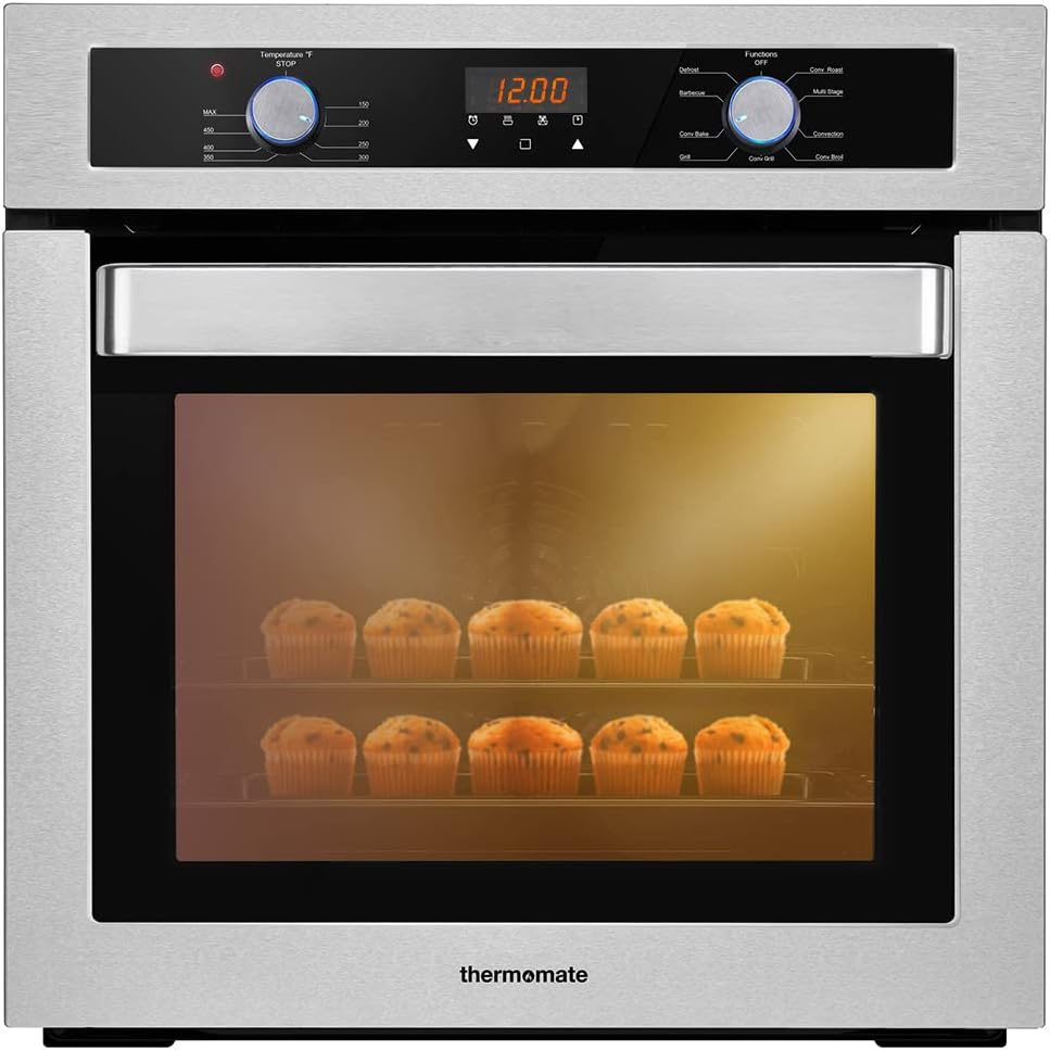 24 Inch Single Wall Oven, thermomate 2.3Cu.ft. Total Capacity Electric Built-in Oven with 9 Cooking Functions in Stainless Steel