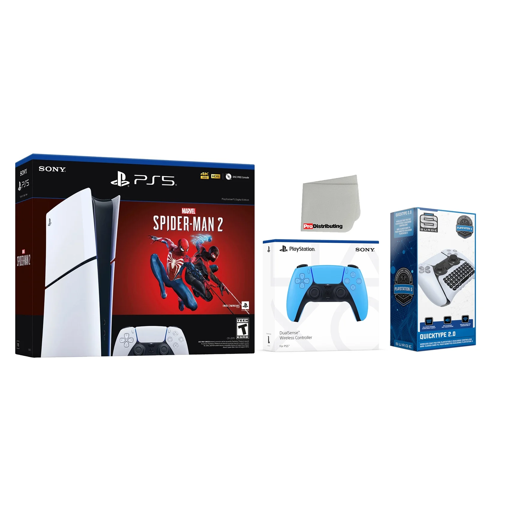 Sony PlayStation 5 Digital Slim Marvel’s Spider-Man 2 Bundle with Extra Starlight Blue Controller and QuickType Keypad