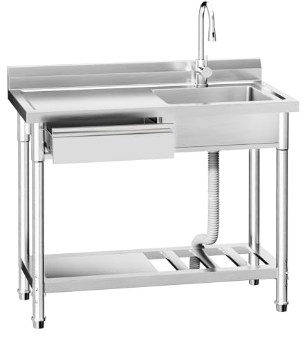 Utility Freestanding Kitchen Sink with Hot and Cold Water Pipe,Drawer, Stainless Steel Sink for Laundry Room Bathroom Farmhouse,39inch