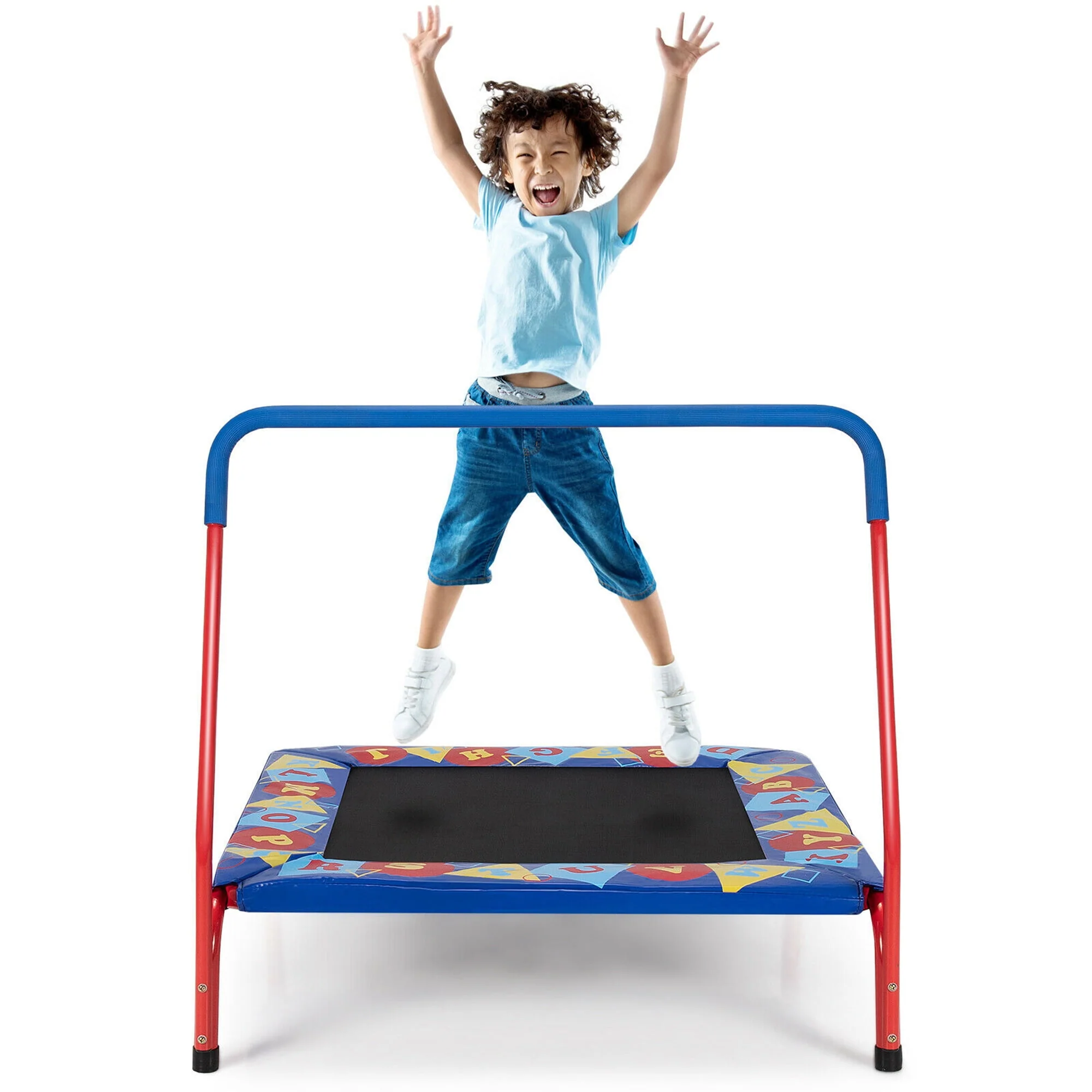 Gymax 36'' Kids Square Trampoline Indoor Outdoor Rebounder W/Foam Handrail Alphabet Pad