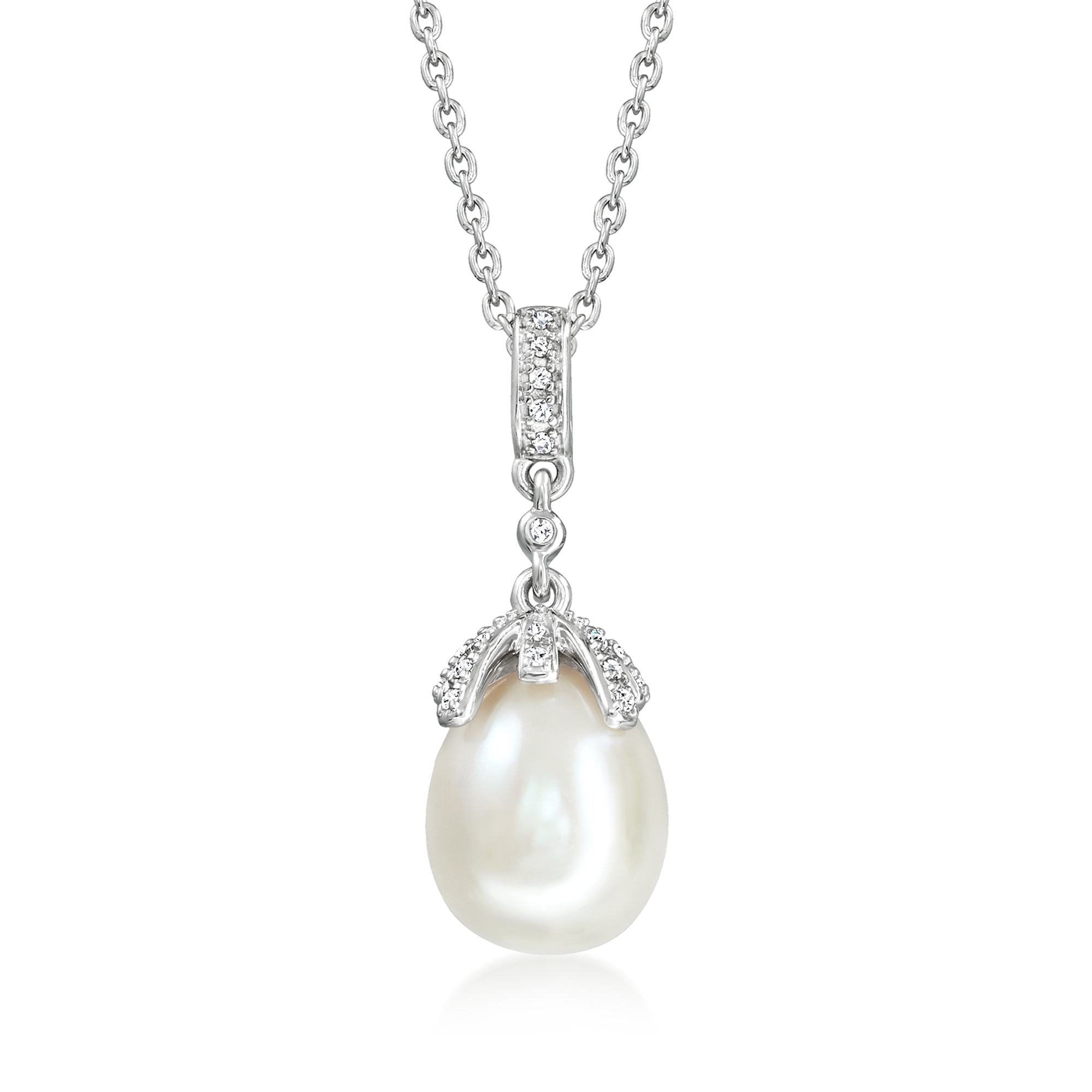 Ross-Simons 8.5-9mm Cultured Pearl Pendant Necklace With Diamond Accents in Sterling Silver, Women's, Adult