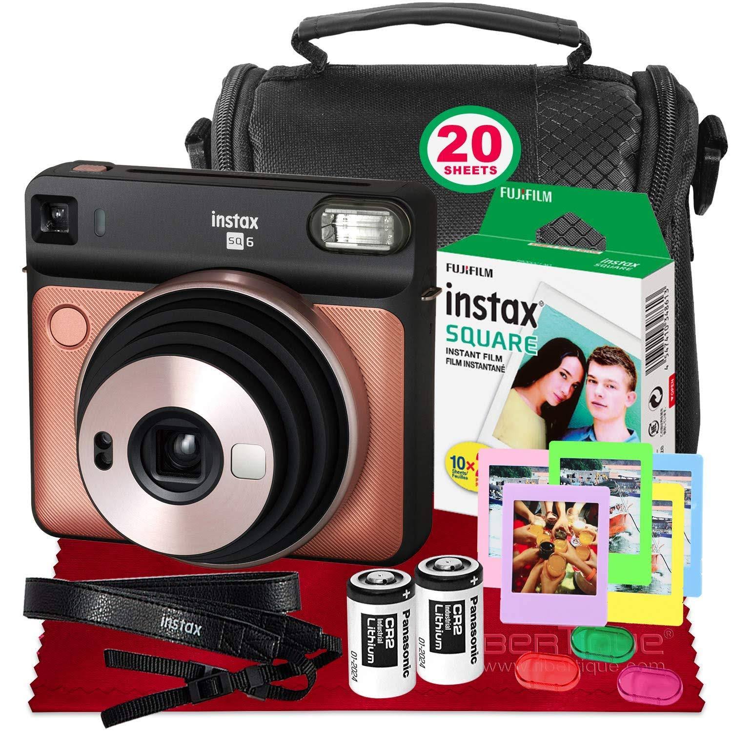 Fujifilm Instax Square SQ6 Instant Film Camera (Blush Gold) + 20 Sheets Instant Square Film + Xpix Camera Strap + Fibertique Clo