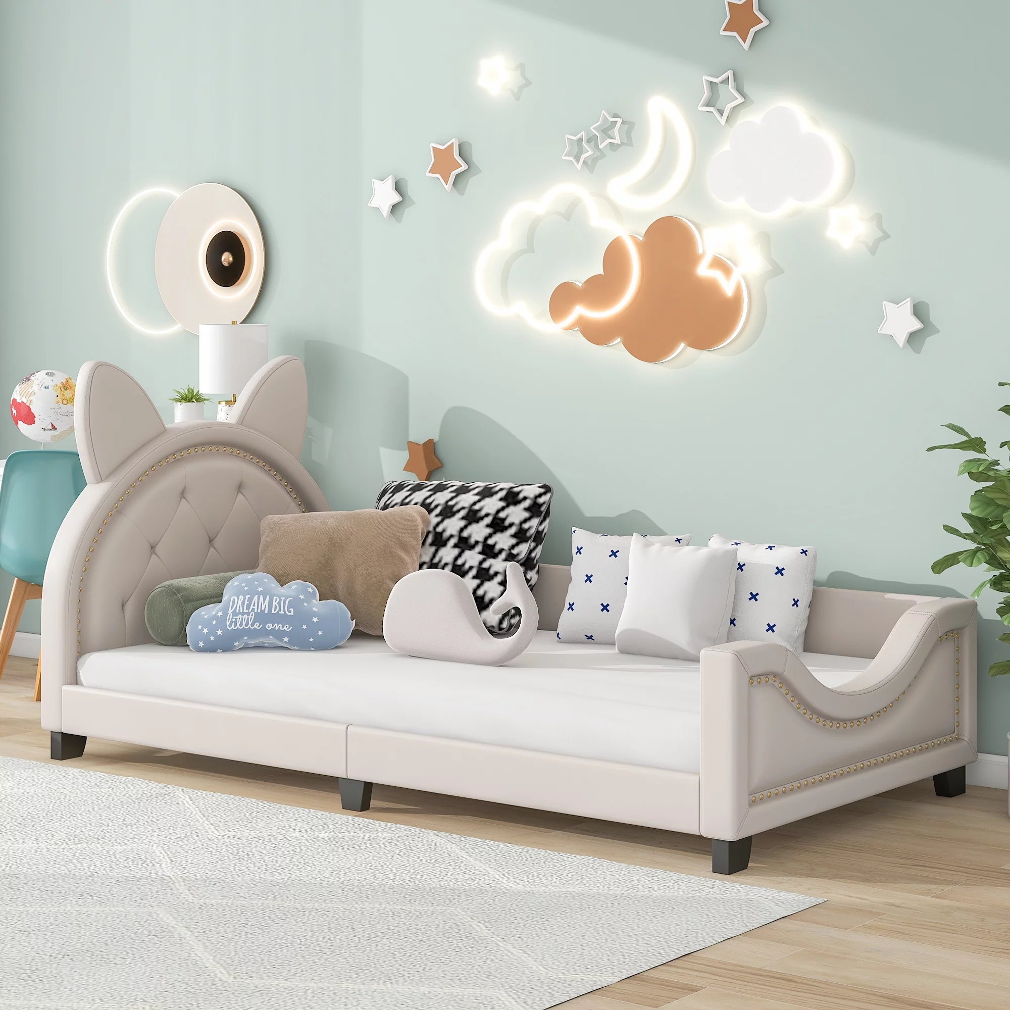 Bunny Shaped Twin Size Upholstery Daybed with Headboard for Kids, White