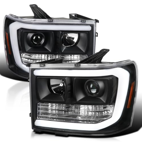 SPEC-D TUNING LED Light Bar Chrome Housing Projector Headlights Compatible with 2007-2013 GMC Sierra 1500 2500HD 3500HD Left + Right Pair Headlamps
