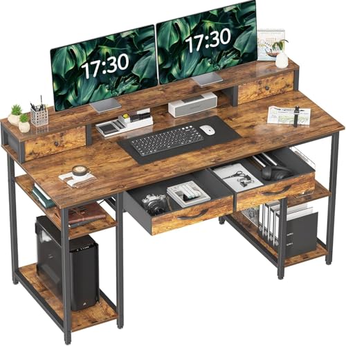 Treesland 55 Inch Computer Desk with Monitor Shelf, 24" Deep, Home Office Desks with Storage, Office Desk with 4 Drawers, Work Desk