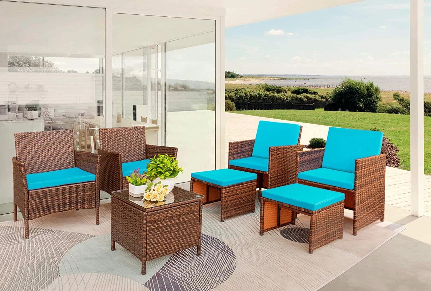 Vineego 7-Pieces Patio Furniture Set Outdoor All Weather Cushioned Wicker Chairs with Ottoman and Glass Table, Blue