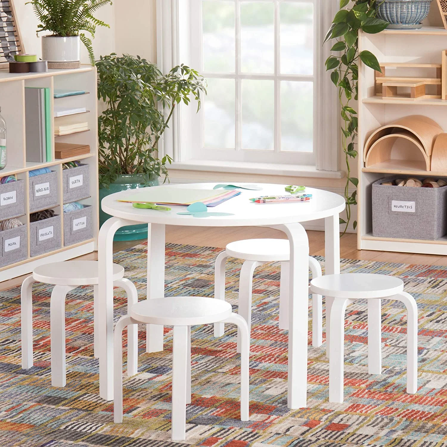 Nordic Table and Chairs Set for Kids: White - Stacking Bentwood Stools with Curved Wood Toddler Activity Table - Children's Modern Bedroom, Playroom