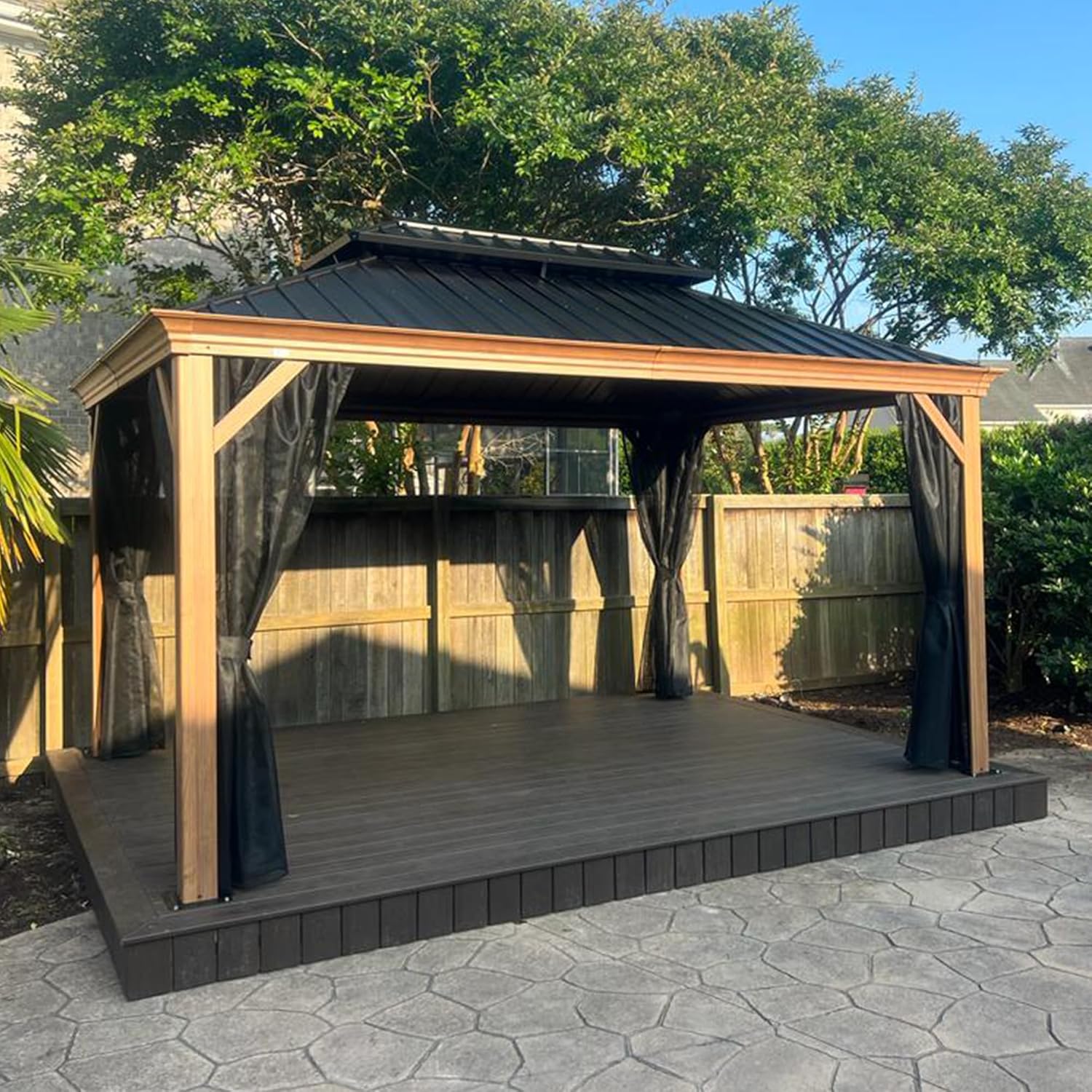 PURPLE LEAF 10' X 14' Outdoor Hardtop Gazebo for Patio Galvanized Steel Double Roof Permanent Canopy Teak Finish Coated Aluminum Frame pavilion