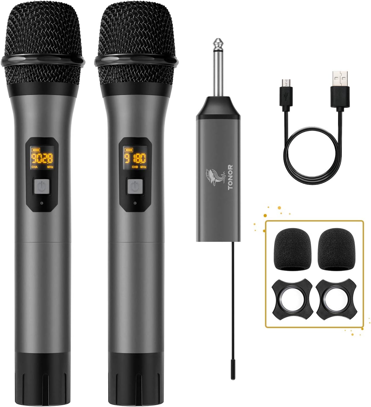 Wireless Microphone, TONOR UHF Dual Cordless Metal Dynamic Mic System with Rechargeable Receiver, for Karaoke Singing, Wedding, DJ, Party, Speech