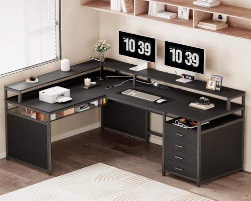 L Shaped Computer Desk with LED Lights & Power Outlets, Reversible Home Office Desk with Drawers, Gaming Desk with Long Monitor Stand