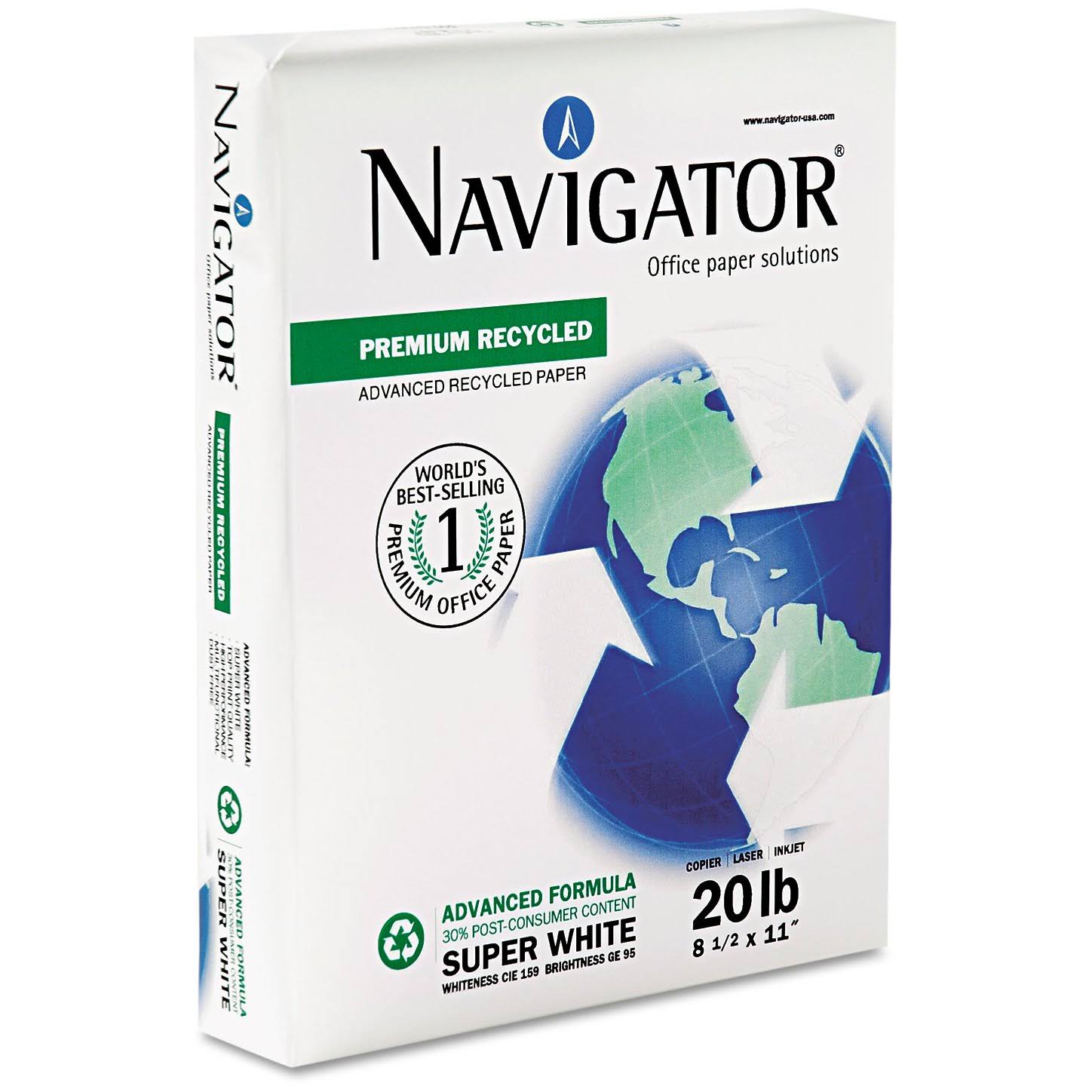 Navigator Premium Recycled Paper 92 Brightness 20lb 8-1/2 x 11 White 5000/Carton