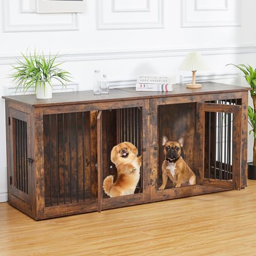 Furniture Style Dog Crate for 2 Rooms,Wooden Double Dog Crates Kennel with Divider,Indoor Dog House Furniture with Double Rooms