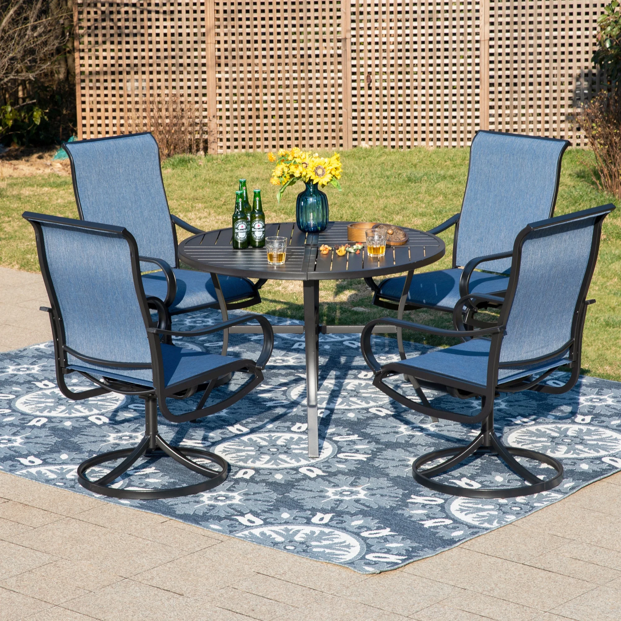 MF Studio 5-Piece Outdoor Patio Dining Set with High-Back Swivel Sling Chairs & Round Table for 4-Person, Padded Textilene Seat, Black & Blue