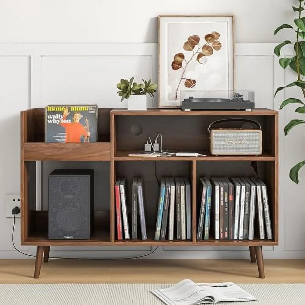 TJBOLIFE Mid-Century Record Player Stand with  Vinyl Record Cabinet Record Player Table with Power Outlet Turntable Stand Large Record Holder Holds