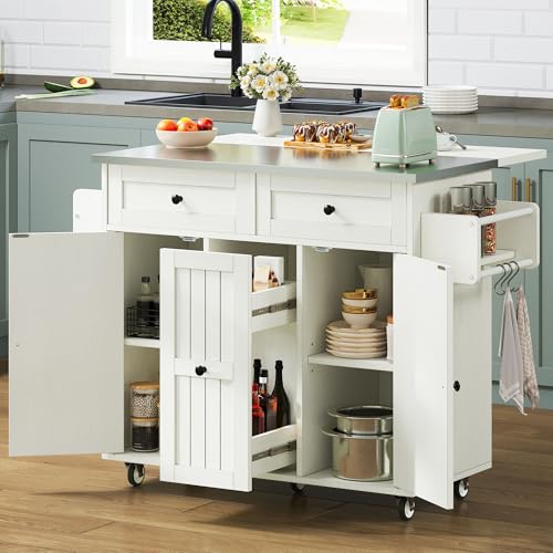 DWVO Kitchen Island on Wheels, Mobile Kitchen Island Cart with Folding Drop Leaf Breakfast Bar, Island Table for Kitchen with Large Storage Cabinets