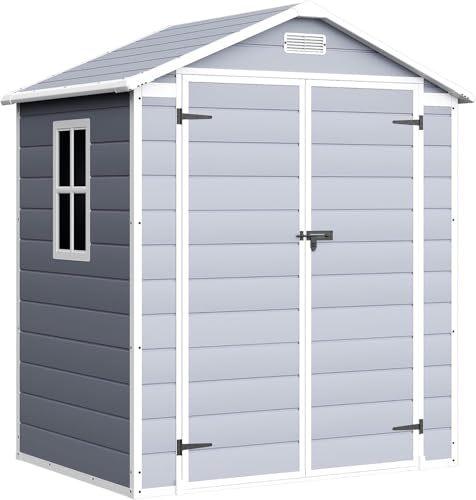 Devoko 6x4 FT Outdoor Storage Shed - Waterproof Plastic Resin Garden Shed with Lockable Door & Floor, for Backyard, Patio, Lawn & Pool Tools