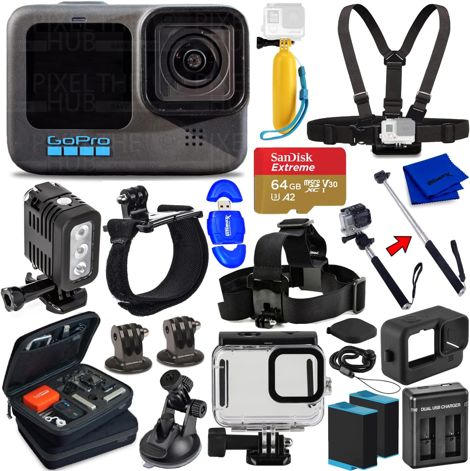 GoPro HERO10 Hero 10 Camcorder Black - Ultimate Bundle Includes: Sandisk Ultra 64GB microSD, 2X Extra Batteries, Charger, Underwater Housing