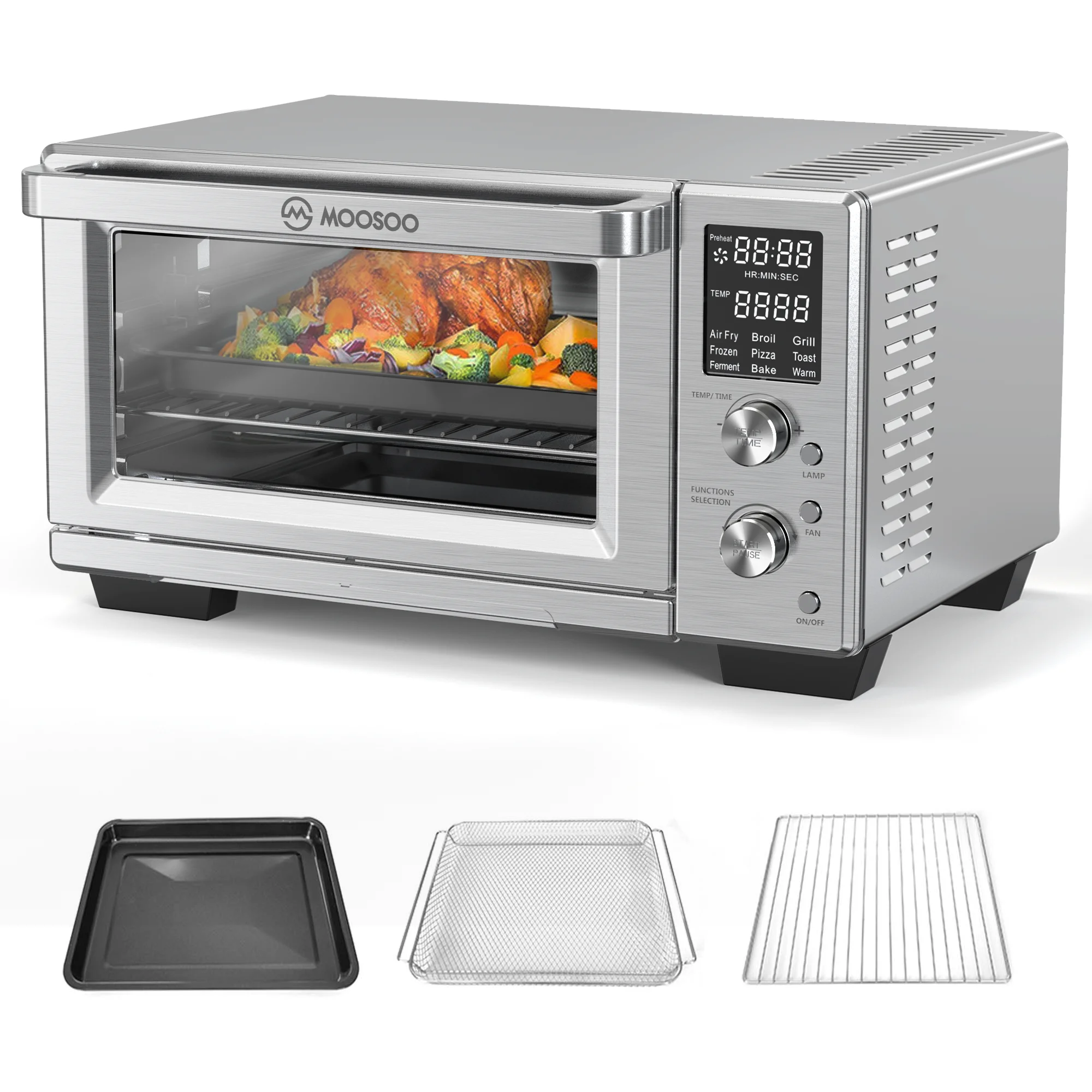 MOOSOO 30Qt Air Fryer Toaster Oven, Stainless Steel Air Fryer Oven, Knob Control, 9 Air Frying Preset Modes