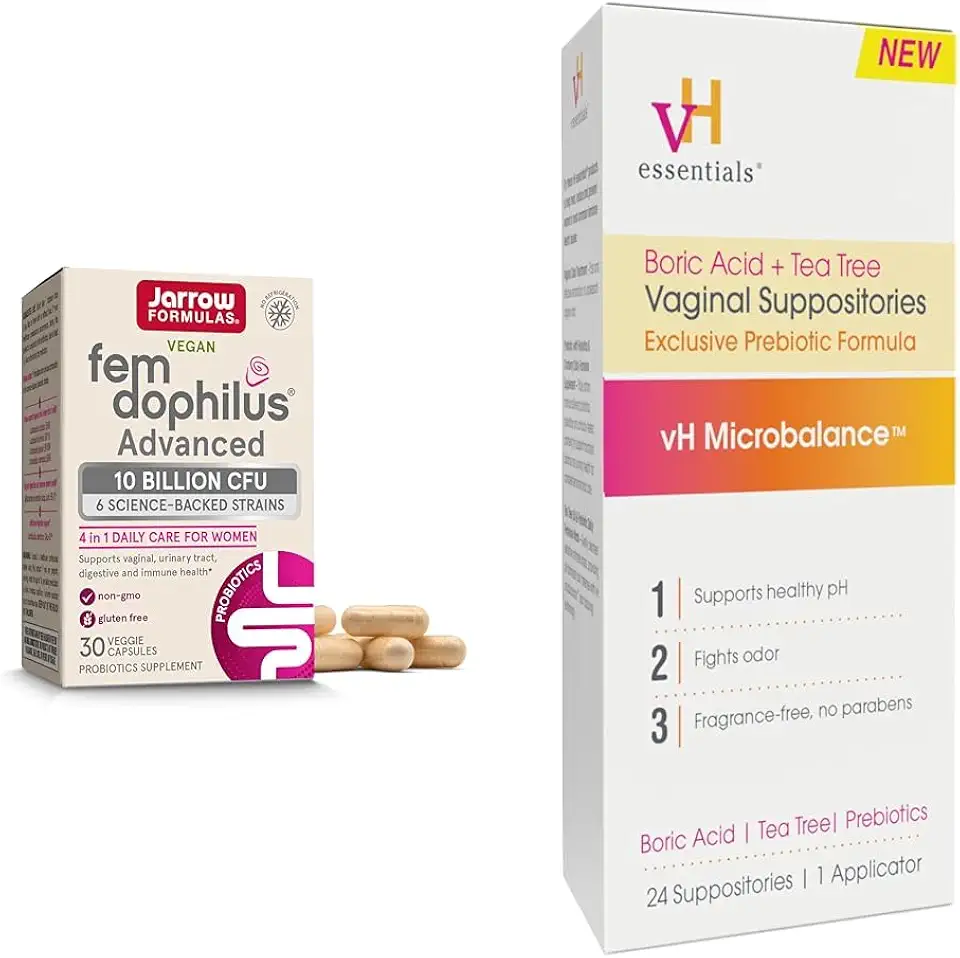 Jarrow Fem-Dophilus Probiotics 10 Billion CFU and vH Essentials Boric Acid Vaginal Suppositories with Tea Tree Oil and Lactic Acid