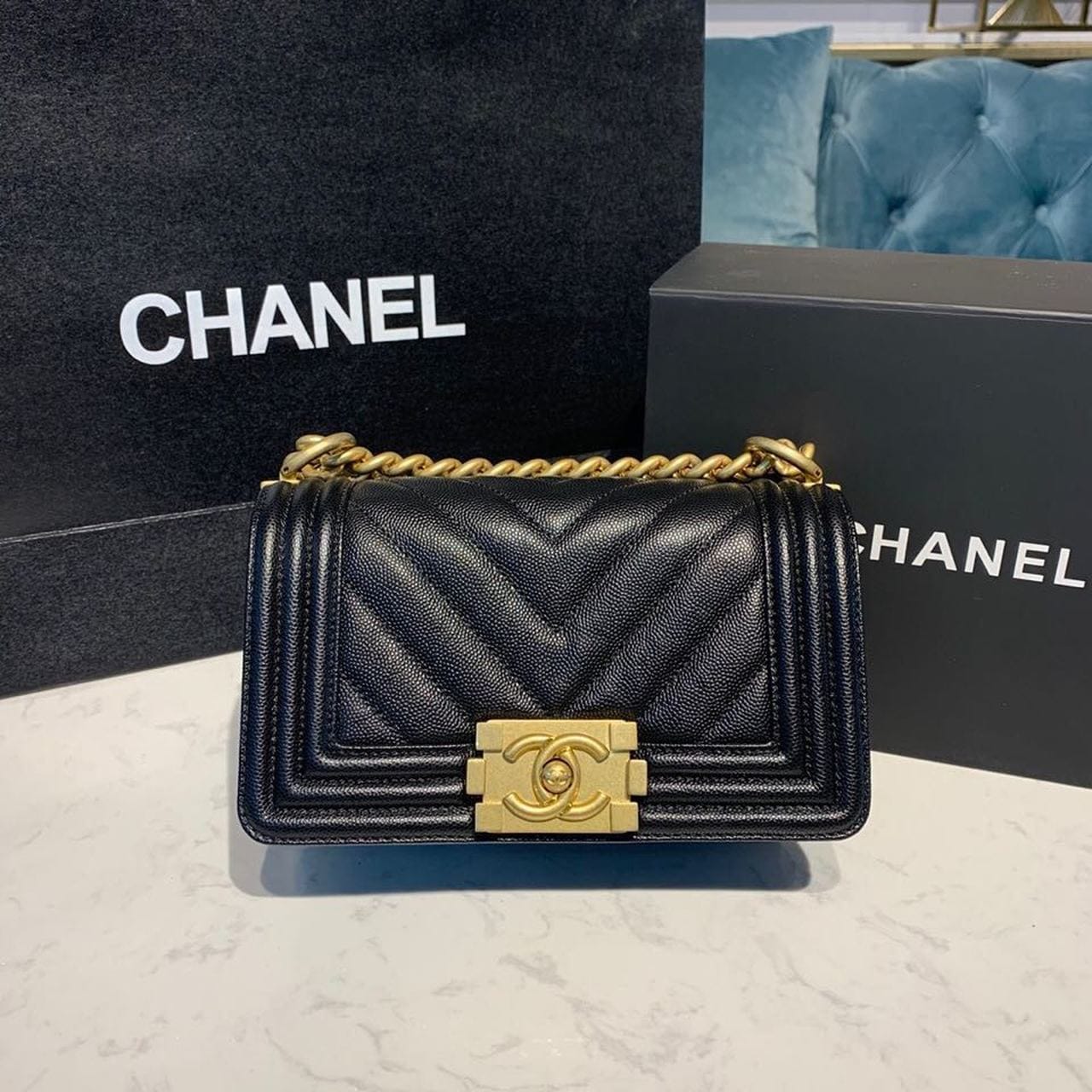 Chanel Chevron Boy Bag 20cm Caviar Leather Antique Gold Hardware Fall/Winter Act 1 Collection Black