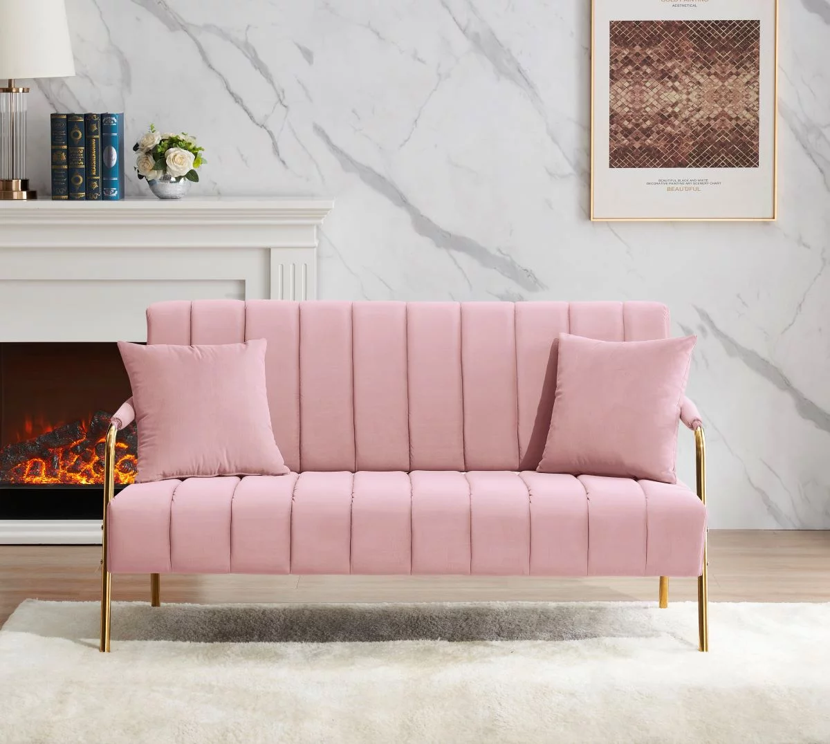 mayceyee Modern Velvet Loveseat, Upholstered Loveseat Sofa with 2 Pillows, Mid-Century 2-Seat Loveseat with 6 Metal Legs