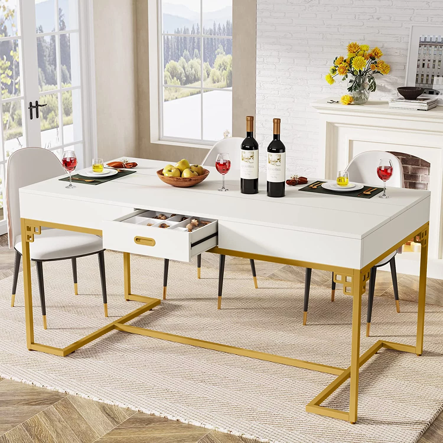RUNFAYBIU 63 Inches Dining Table for 4 to 6  Rectangular Kitchen Table with 2 Drawers  Modern Dinner Table with Gold Metal Frame for Dining Room