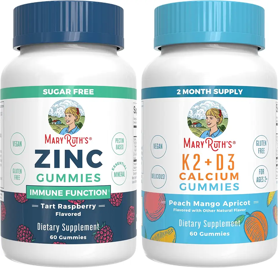 MaryRuth Organics Zinc (Tart Raspberry) & Vitamin K2+D3 Calcium Gummies (Peach Mango & Apricot) | Clean Label Project Verified® | Vitamins for