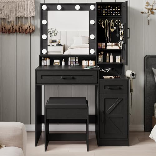 Fameill Vanity Desk with Mirror and Lights,Small Make up Vanity with Chair and Outlet,Makeup Table with Jewelry Cabinet