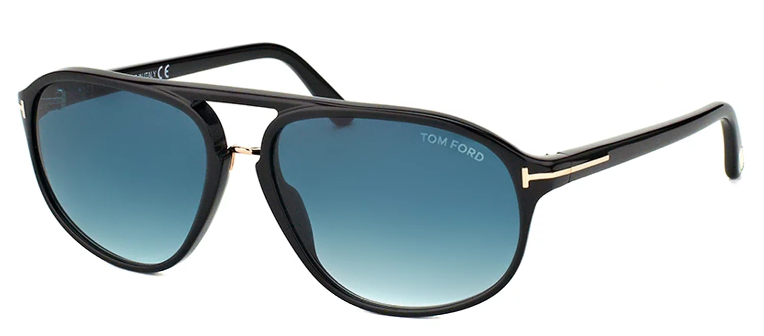 Tom Ford TF 447 01P Jacob Plastic Aviator Shiny Black Plastic Aviator Sunglasses Blue Gradient Lens