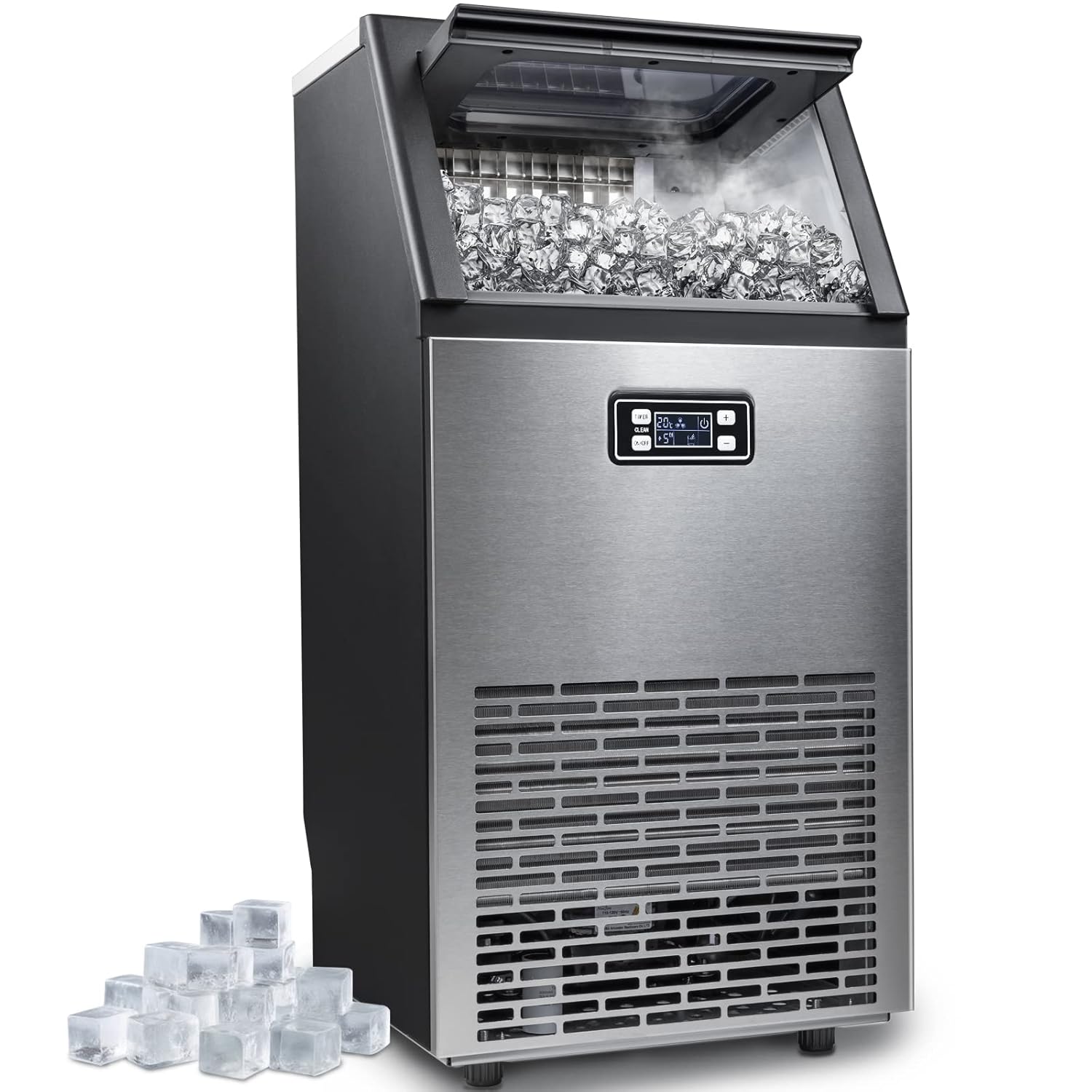 Kismile Commercial Ice Maker Machine,100Lbs/Day,45 Cubes/Batch in 11-20 Mins,Stainless Steel Freestanding Ice Maker with 2 Self-Cleaning