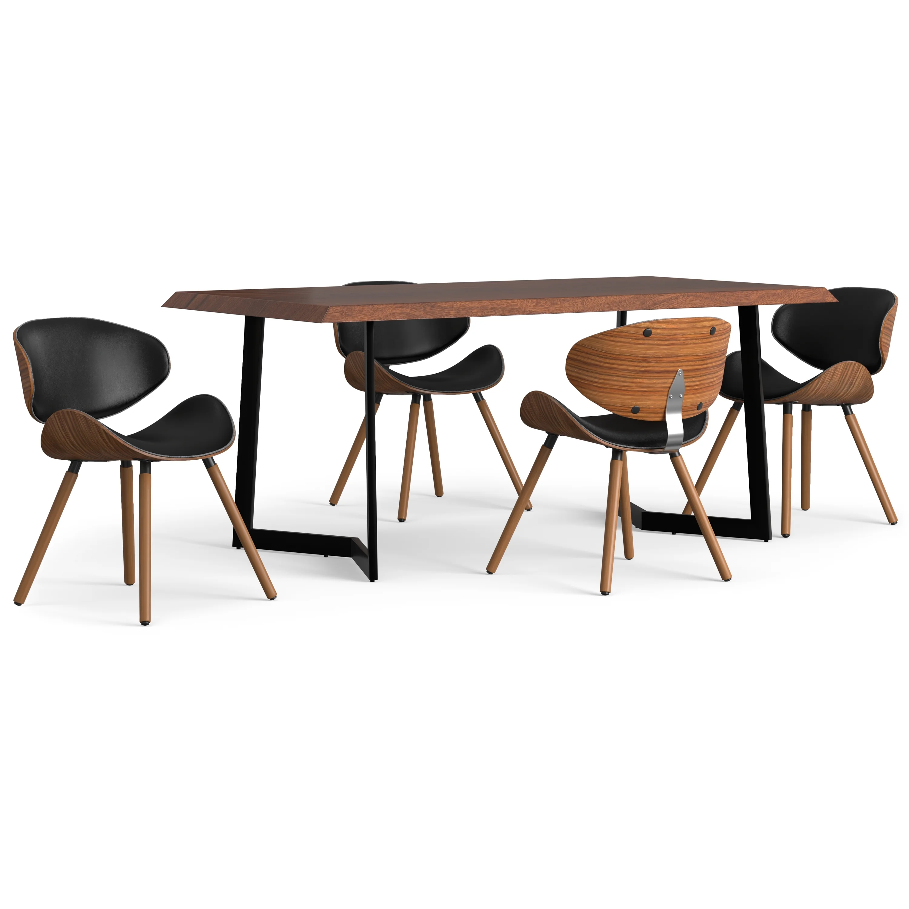 Simpli Home Marana / Watkins SOLID MANGO WOOD and Metal 72 inch Wide Mid Century Modern 5 Pc Dining Set with 4 Upholstered Dining Chairs in Black