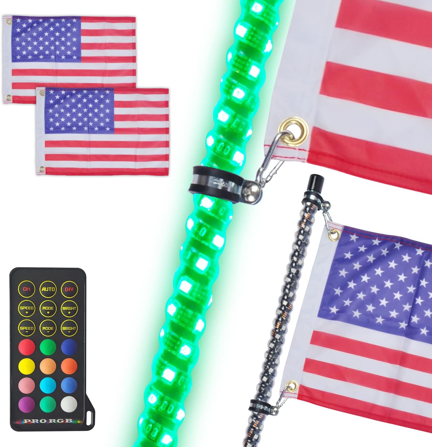 OHMU 2Pcs 3FT Spiral LED Whip Lights for UTV ATV [21 Modes] [20 Colors] [RF Wireless Remote] [Weatherproof] [USA Flag] LED Lighted Whips Antenna for