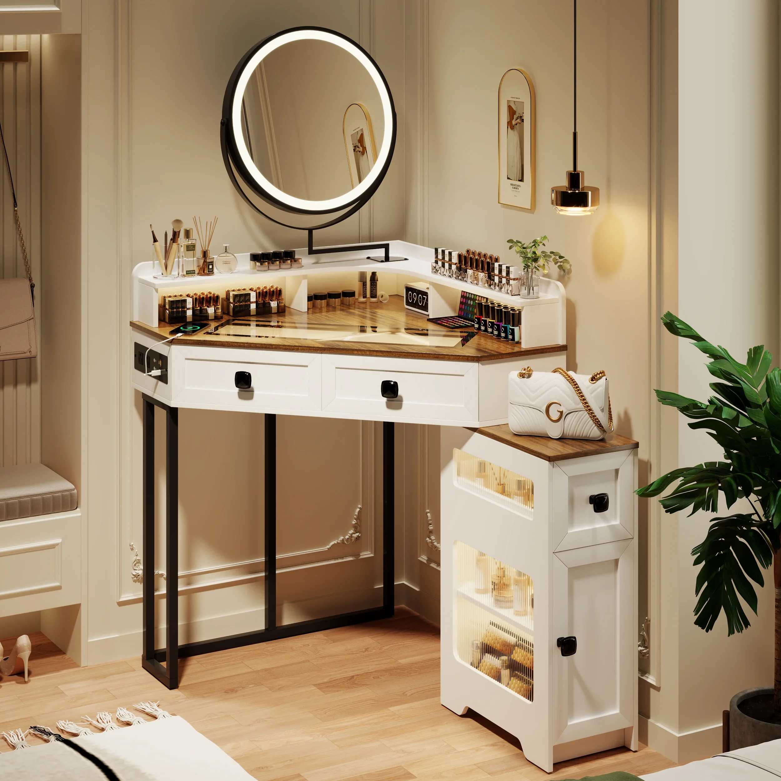 Corner Vanity Desk with Mirror and Lights, Modern Glass Top Makeup Vanity Set with Charging Station for Bedroom/Cloakroom (No Stool)