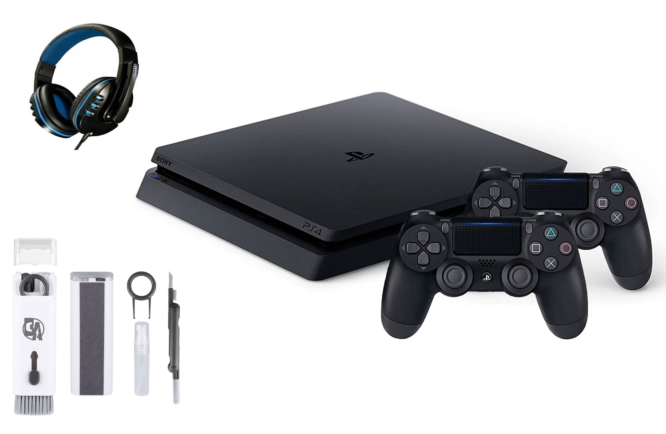 Sony 2215B PlayStation 4 Slim 500GB Gaming Console Black, Headset 2 Controller With BOLT AXTION Cleaning Kit Bundle Like New