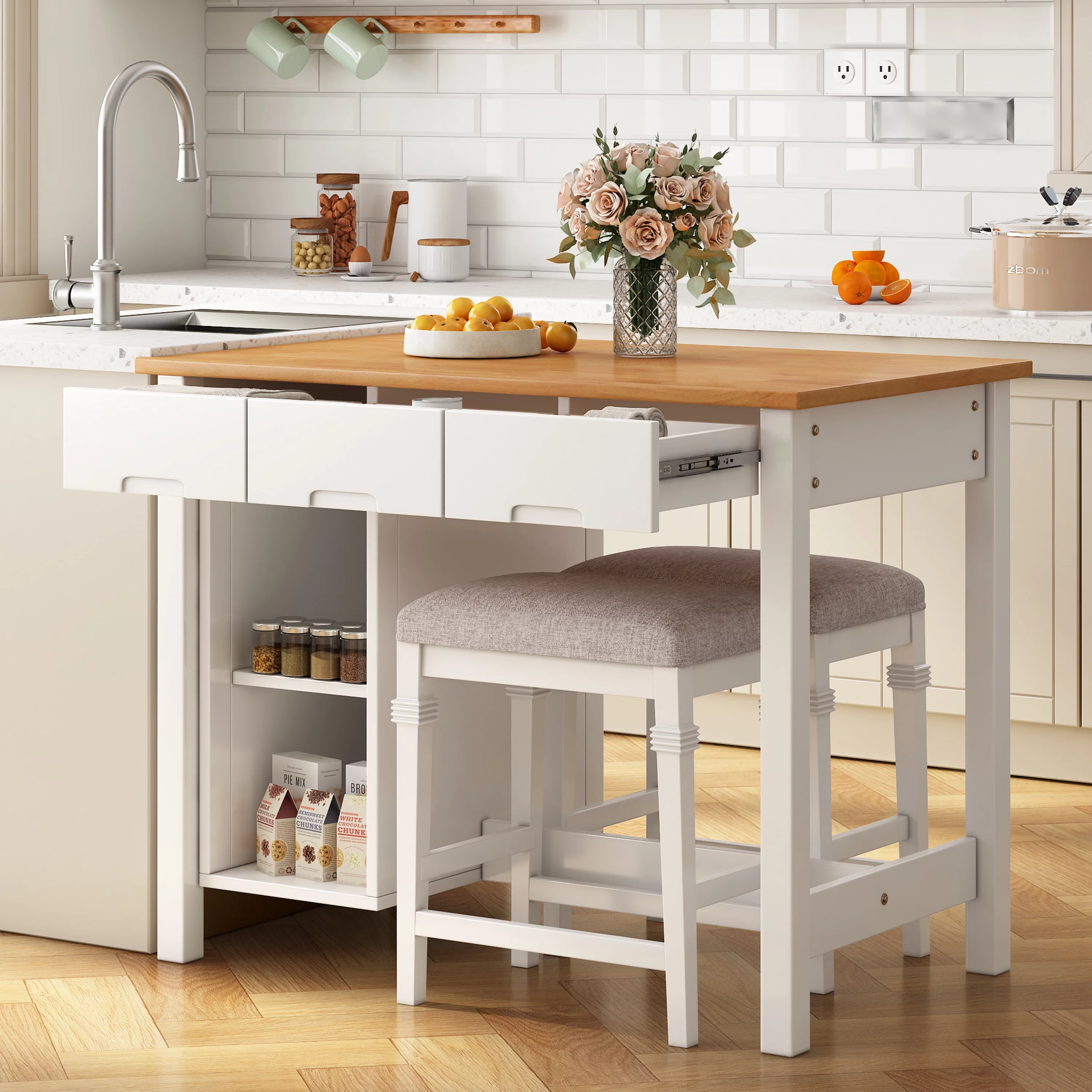TOPMAX Farmhouse 3-piece 45" Stationary Rubber Wood Kitchen Island Set with 2 Seatings