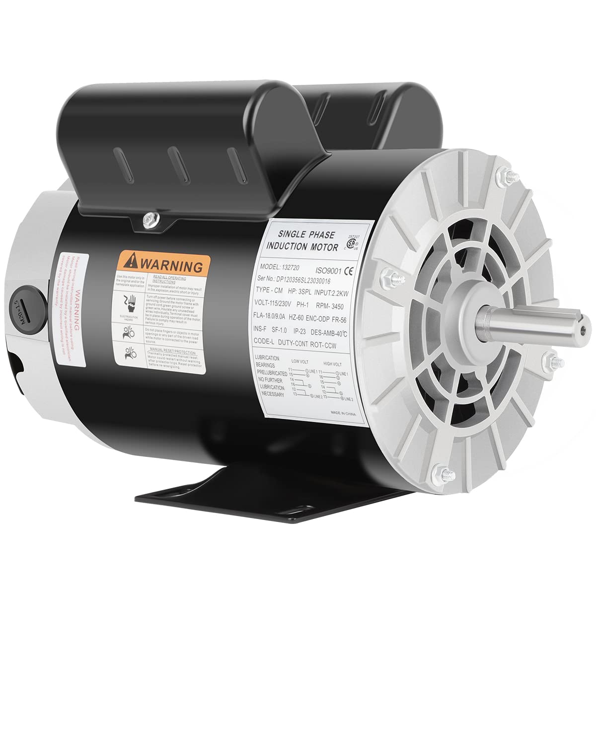 3 HP SPL Air Compressor Motor, 3450 RPM Electric Motor, 115/230V, 18/9A Single Phase, 56 Frame 5/8" Keyed Shaft, Commercial-Duty CCW Rotation