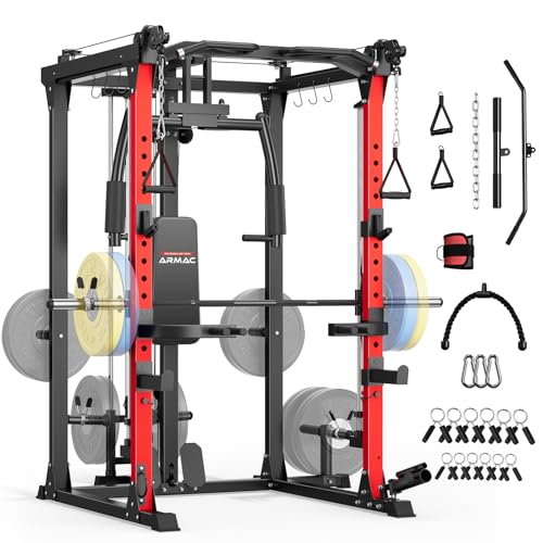 ARMAC Smith Machine, Multi-Functional Power Cage for Home Gym, 2000LBS Squat Rack with Two LAT Pull-Down Systems