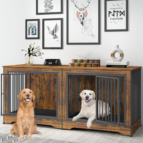 3-in-1 75 Inch Double Dog Crate Furniture for 2 Large Dogs Durable Rustic Brown TV Stand Dog Crate with Trays and Divider