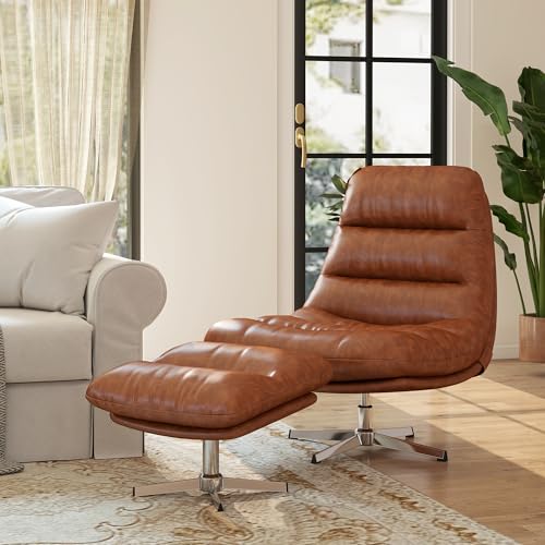 Modern Swivel Accent Chair with Ottoman Set, PU Leather Oversized Armless Reading Chair with Footrest