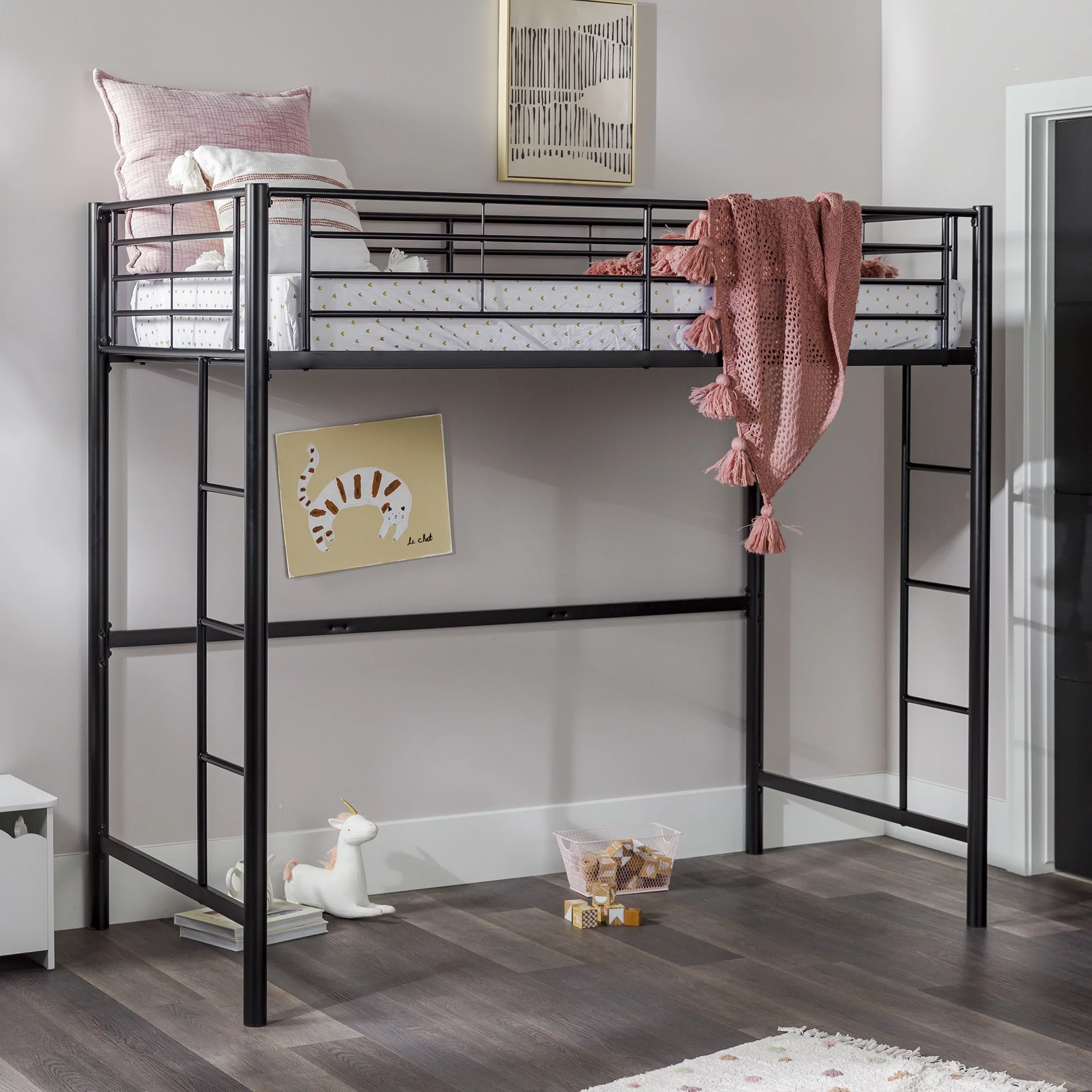Walker Edison Premium Traditional Twin Metal Loft Bed, Black