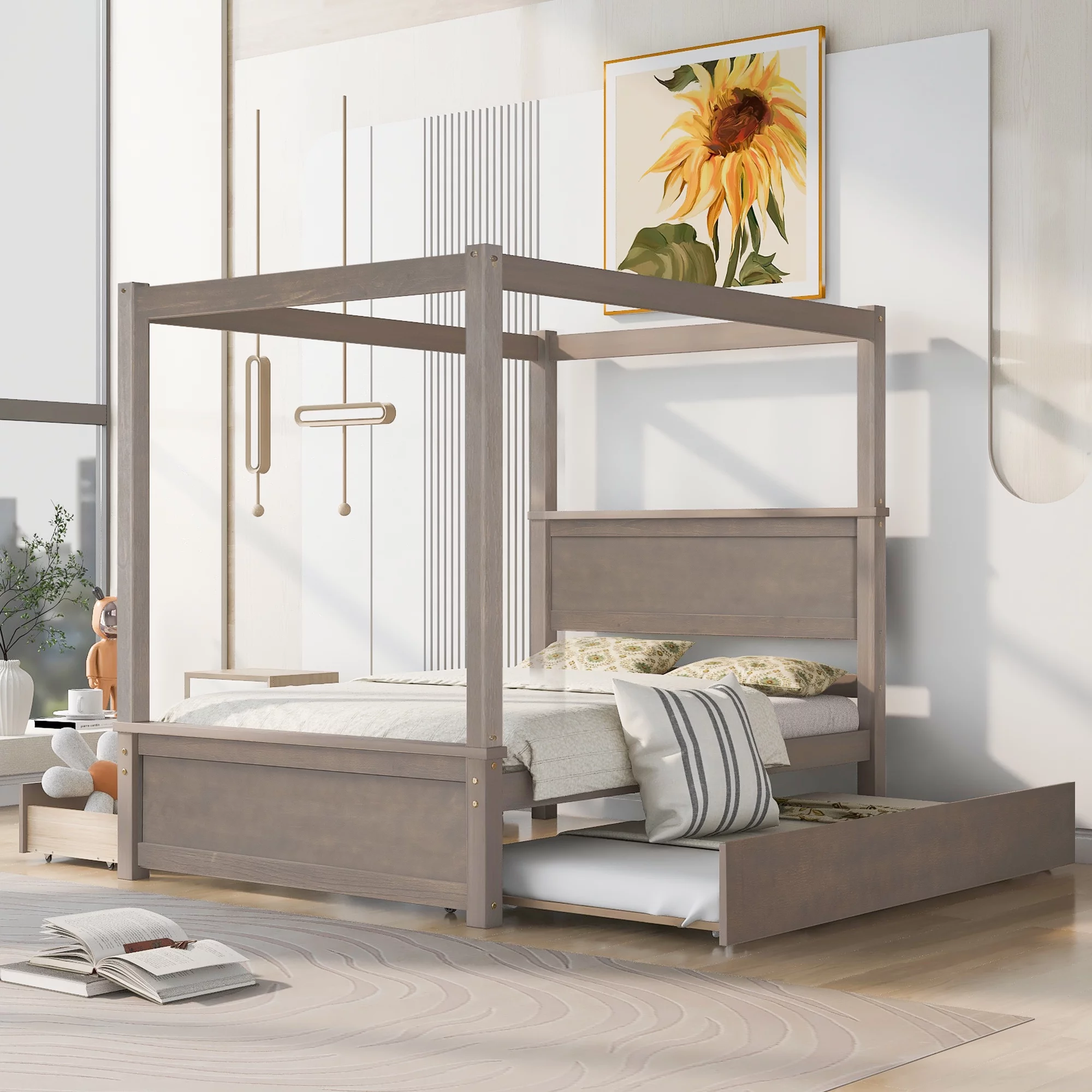 Nestfair Light Brown Full Size Wood Canopy Platform Bed with 2 Drawers and Trundle