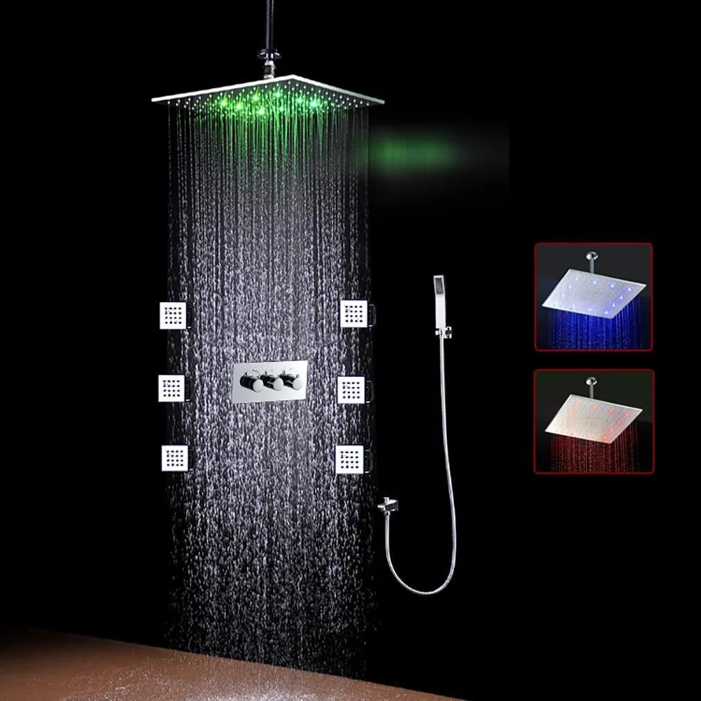 Cascada Luxury 16" Square Ceiling Mounted Thermostatic Rainfall LED Shower With Body Jets Automated LED Light RGB Color - Stainless Steel (16 Inch