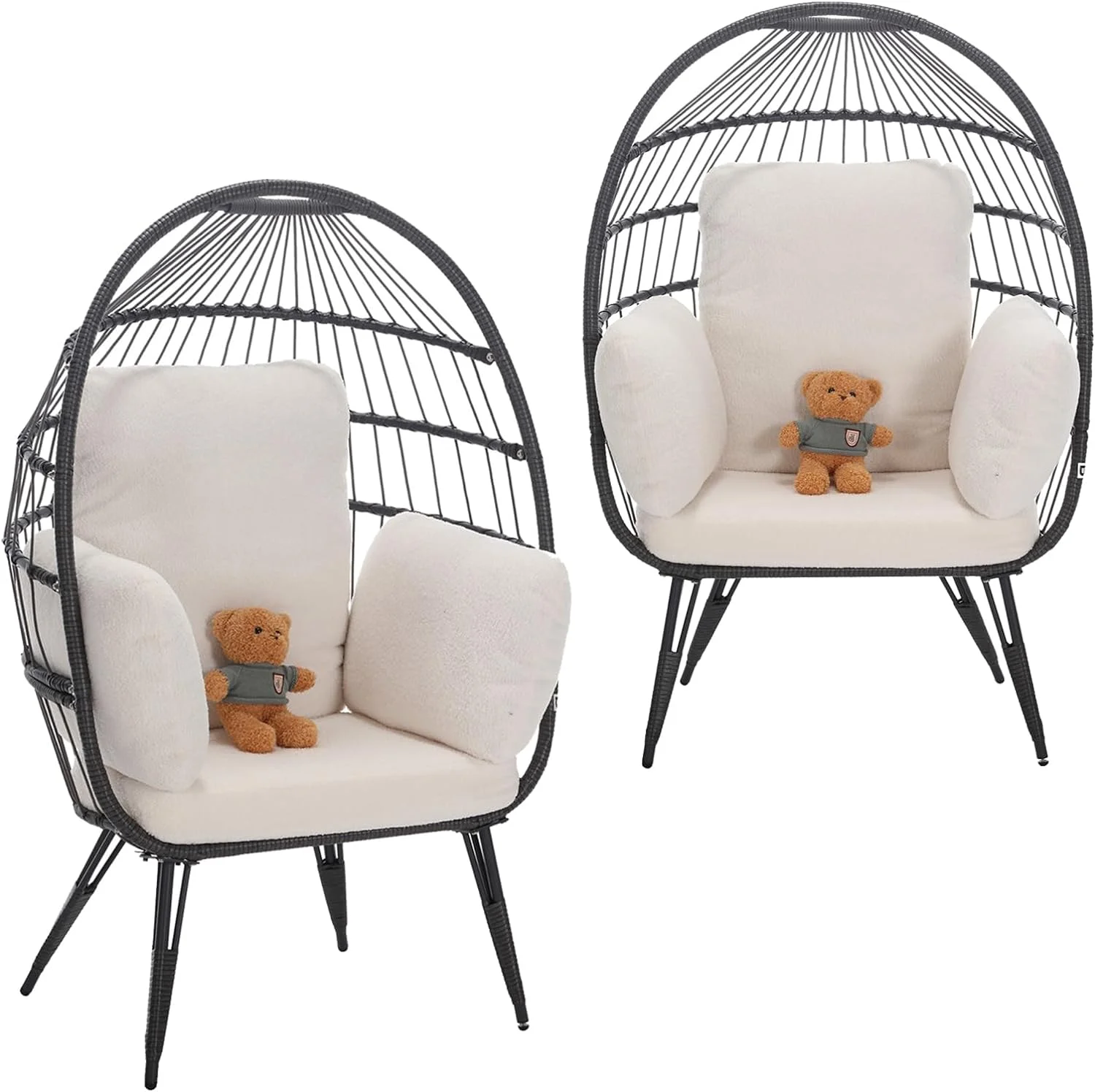 Wicker Egg Chairs Outdoor Set of 2, Oversized Rattan Chairs Indoor with Solid Stand, Comfy Patio Basket Chairs with Soft Cushions