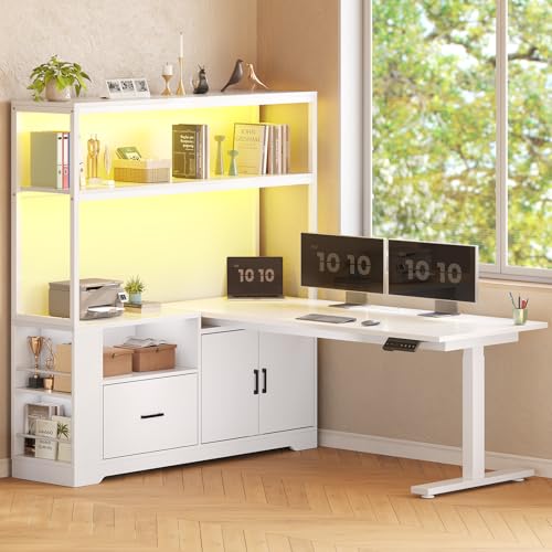 SEDETA L Shaped Standing Desk, Reversible Computer Office Desk with Drawers & Hutch