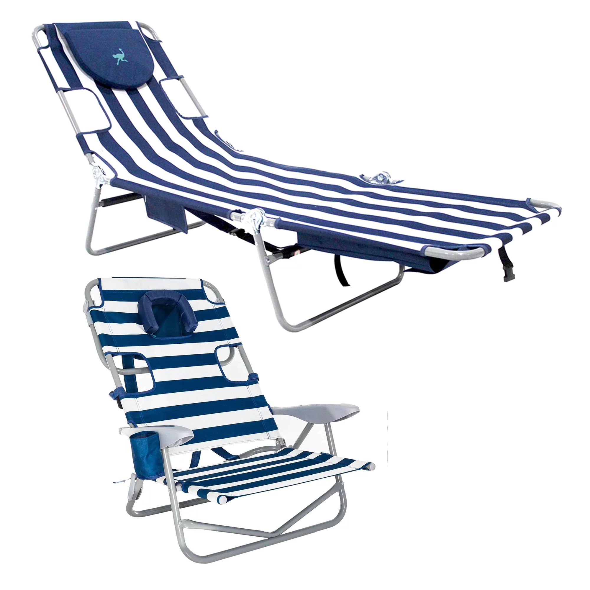 Ostrich Backpack Chaise Beach Chair and On-Your-Back Chair, Striped Blue