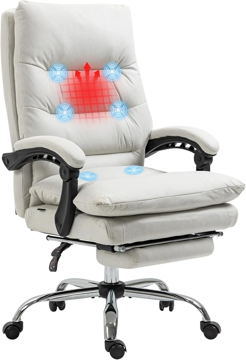 Microfibre Executive Massage Office Chair, Computer Desk Chair, Heated Reclining Chair With Footrest, Double-Tier Padding, Swivel Wheels, Cream White