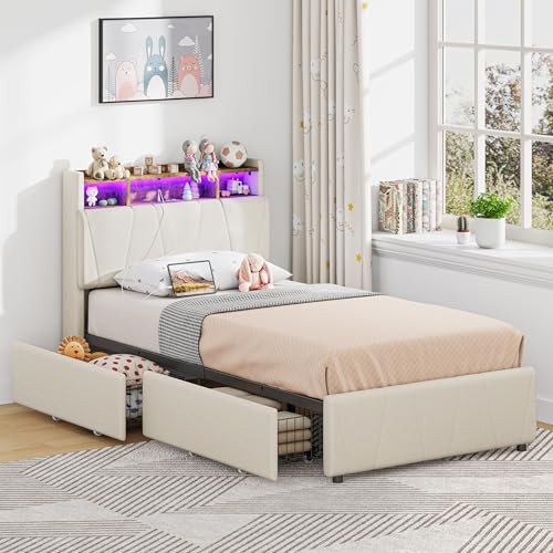 LIKIMIO Twin Bed Frame with 2 Storage Drawers, Charging Station & LED Lights, Upholstered Platform Twin Bed with Storage Headboard