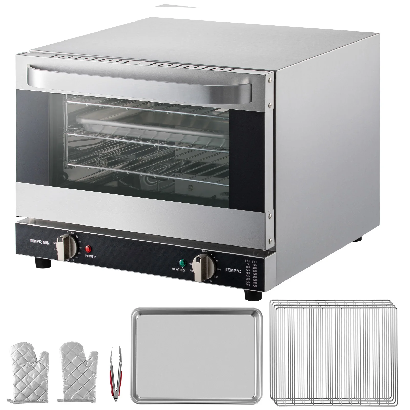 Commercial Convection Oven, 21L/19Qt, Quarter-Size Conventional Oven Countertop, 1440W 3-Tier Toaster w/ Front Glass Door
