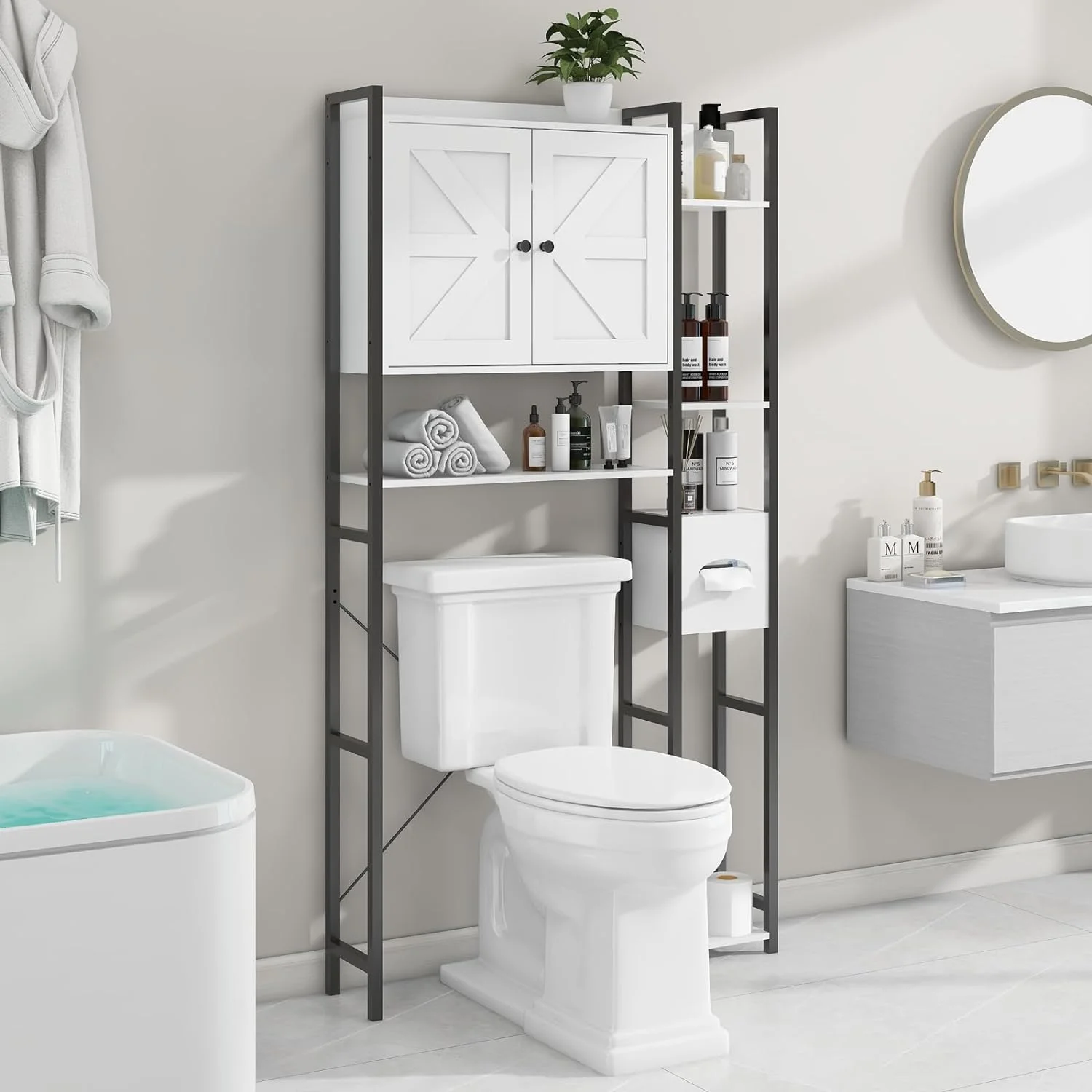 Over The Toilet Storage Cabinet with 2 Doors Storage Cabinet, Toilet Paper Storage Cabinet with Multi Layer Shelves Suitable for Bathroom
